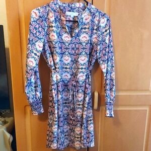 LOFT Petite Pink Long Sleeve Printed Shirt Dress With Tie XSP